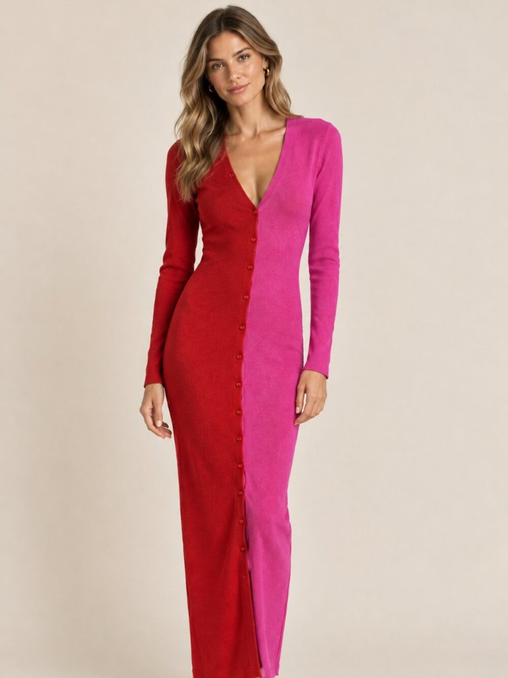 Nanette Lepore Color Block Red Pink Long Sleeve V Neck Knit Maxi Sweater Dress